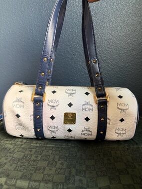 MCM White Logo Papillion Bag with Navy Straps and Gold Hardware